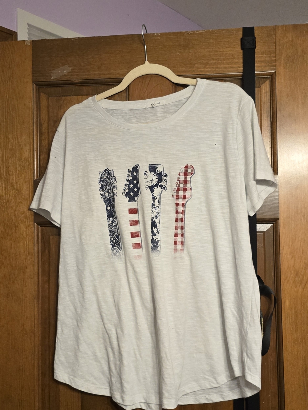 Maurices White Short Sleeve Tee with Red and Blue Guitar Print
